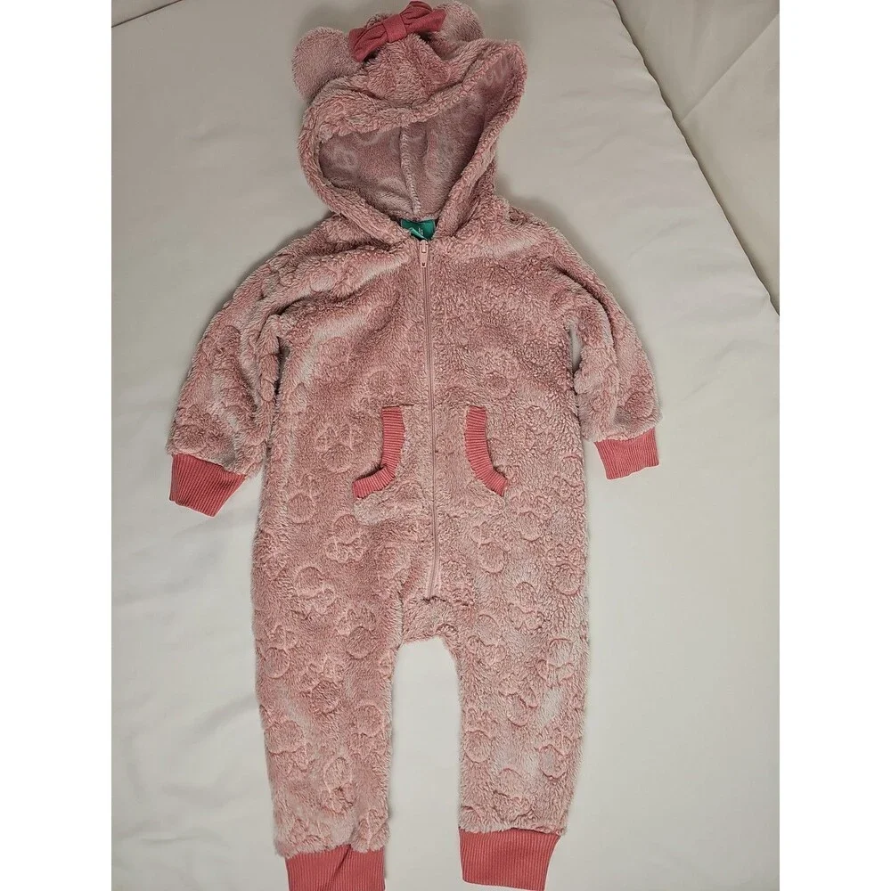 Disney Baby Pink Plush Hooded Fleece One Piece 6-9 Months Footless Romper
